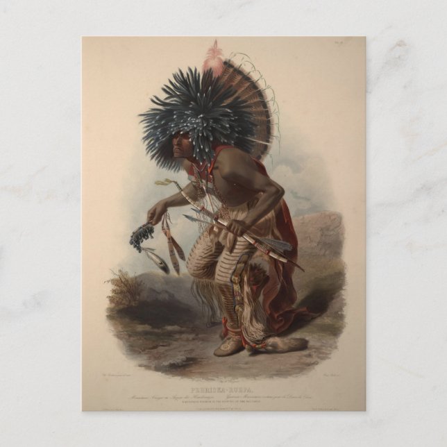 Karl Bodmer-Minatarre Warrior in Hund Dance Costum Vykort (Framsida)