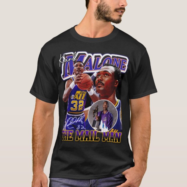 Karl Malone Mail Man Basketball Legend Signatu T Shirt (Framsida)