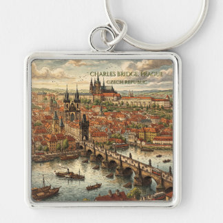 Karlbron i Prag Resa Konst Vintage Fyrkantig Silverfärgad Nyckelring