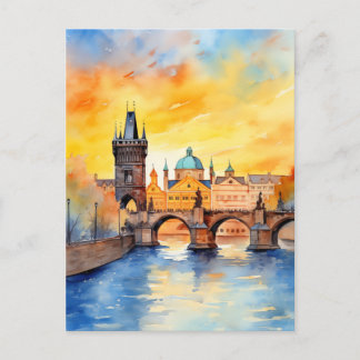 Karlbron i Prag Solnedgång Akvarell Vykort
