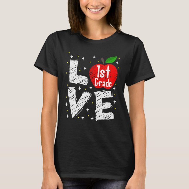 Kärlek 1:a Klass Apple Funny Back to school Lärare T Shirt (Framsida)