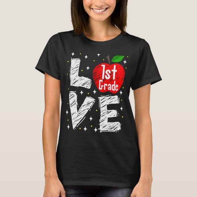 Kärlek 1:a Klass Apple Funny Back to school Lärare T Shirt (Framsida)