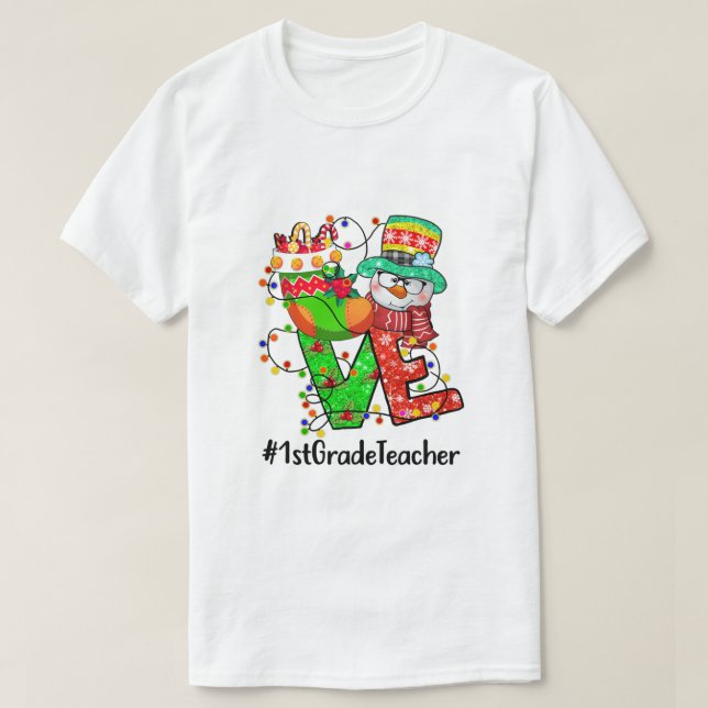 KÄRLEK 1:a Klass-läraren Snögubbe Santa Hat jul, T Shirt (Design framsida)