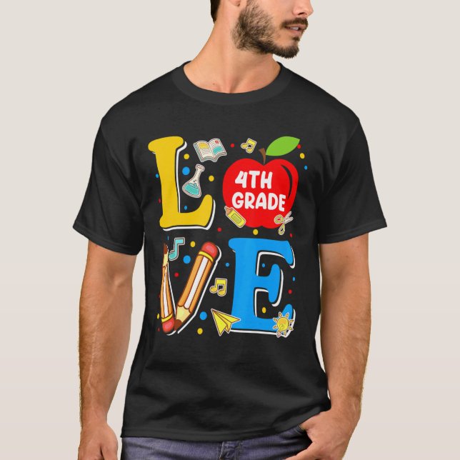 Kärlek 4:e Klass Apple Back to school Lärare T Shirt (Framsida)