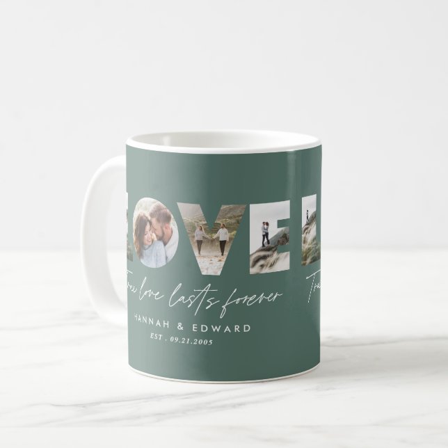 Kärlek 4-fotomodern grönt med minimal personlig kaffemugg (Framsida vänster)