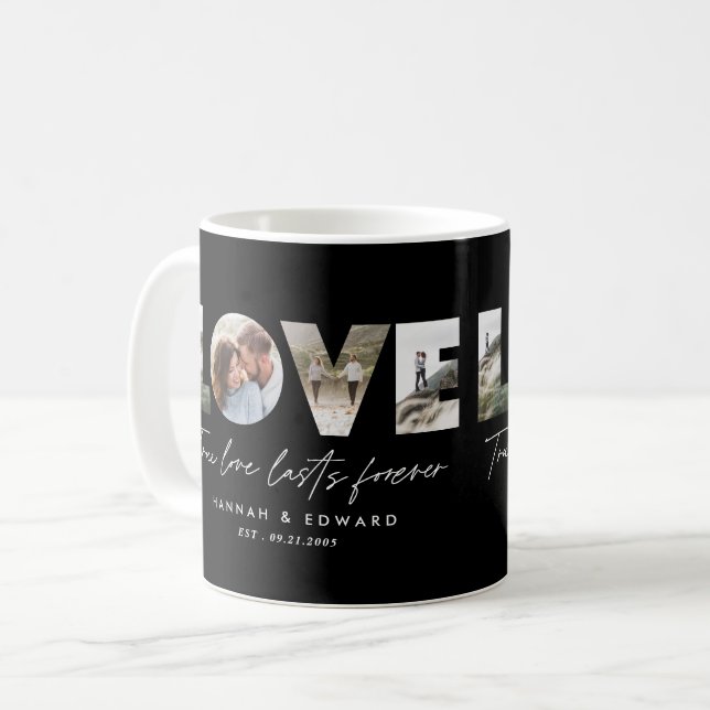 Kärlek 4, fotomodern, minimal personlig svart kaffemugg (Framsida vänster)