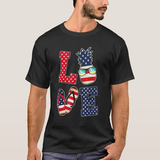 Kärlek 4 juli Amerikanska Flagga Sunglass Pineappl T Shirt (Framsida)