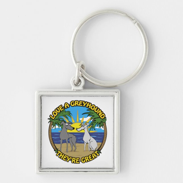 KÄRLEK A GREYHOUND DE ÄR UNDERBARA FYRKANTIG SILVERFÄRGAD NYCKELRING (Framsidan)