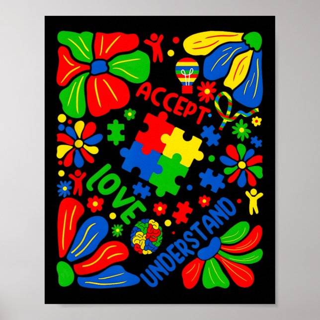 Kärlek Acceptera Förstå Autism Boho Blomma  Poster (Framsidan)