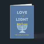 "Kärlek and Light" Menorah Personlig Hanukkah Kort<br><div class="desc">Skicka varmt önskemål för festivalen i Ljus med eleganten "Kärlek och ljus" Hanukkah-kort. Med en glödande menorahdesign, en blå bakgrund i serverblått och anpassade familjetext är det här vikta kortet perfekt för att dela hjärtliga meddelanden med nära och kära. Oavsett om du firar alla åtta nätter eller skickar välsignelser från...</div>