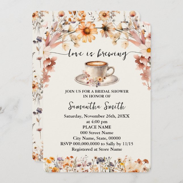 Kärlek är Brewing Möhippa Coffee Wildblommor Inbjudningar (Fram/baksida)