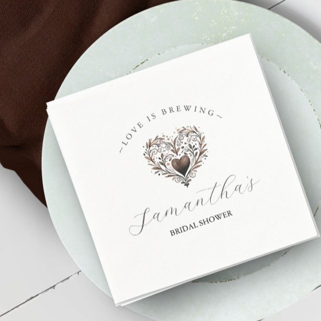 Kärlek är Brewing Möhippa Pappersservett (Love is brewing bridal shower custom napkins by Victoria Grigaliunas heart and personalization.)