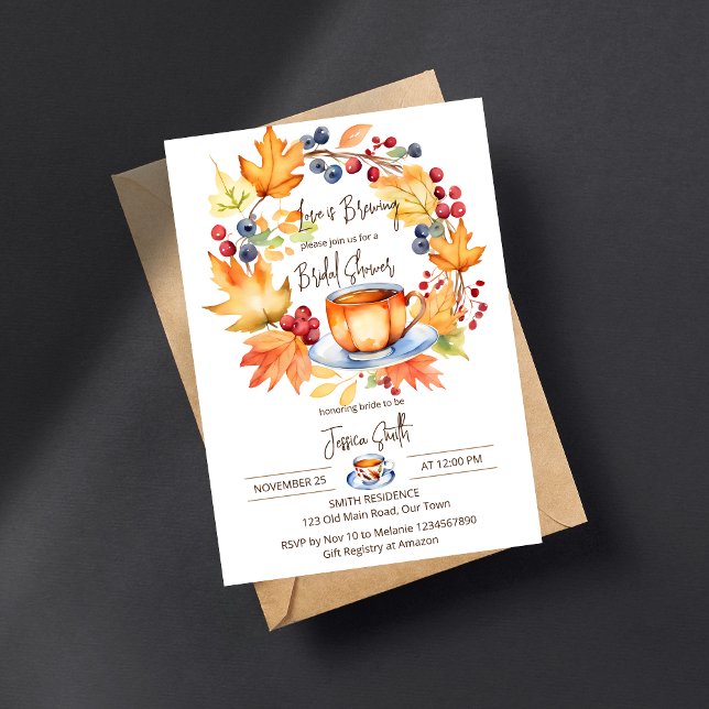 Kärlek är en möhippa som faller under falltemodell inbjudningar (Love is brewing fall themed bridal shower tea party template invitation digital download watercolor)