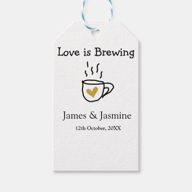 Kärlek är ett bryggkaffe mugg guld-hjärtparet namn presentetikett (Framsidan)