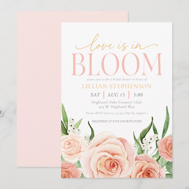 Kärlek är i blom Blush Rosa Blommig Bröllopsfest Inbjudningar (Fram/baksida)