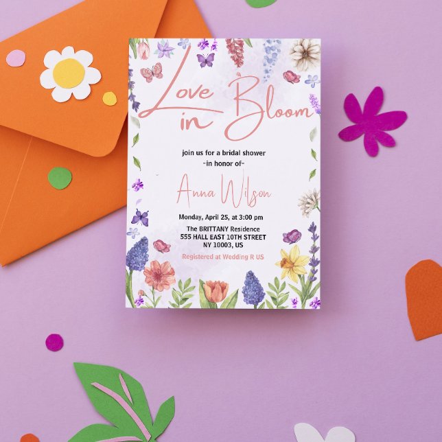 Kärlek är i blom - brunches och bubbelbröllopsfest inbjudningar (love is in bloom bridal shower invitations colorful flowers wildflowers floral hand written hand let)