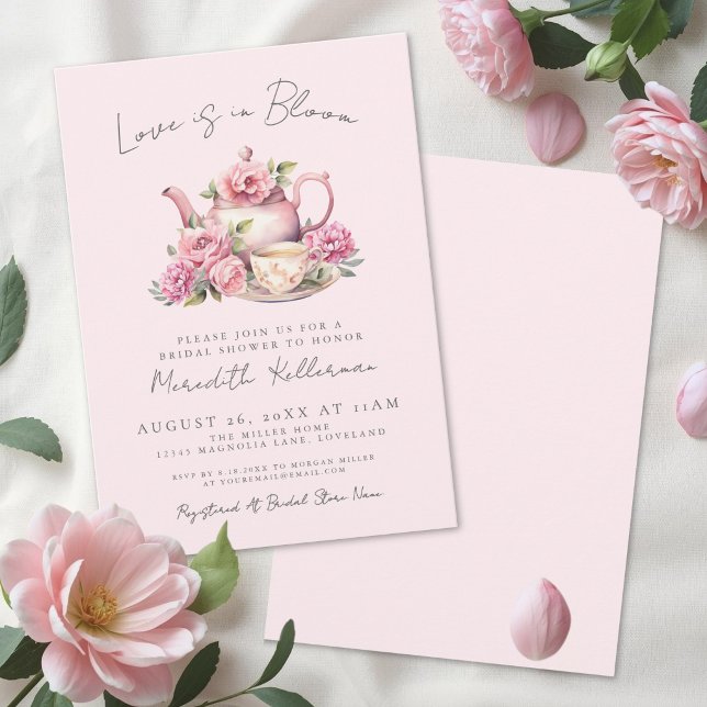 Kärlek är i blom Pink blomsterte Bröllopsdusch Inbjudningar (Love Is In Bloom Pink Floral Tea Bridal Shower Invitation )