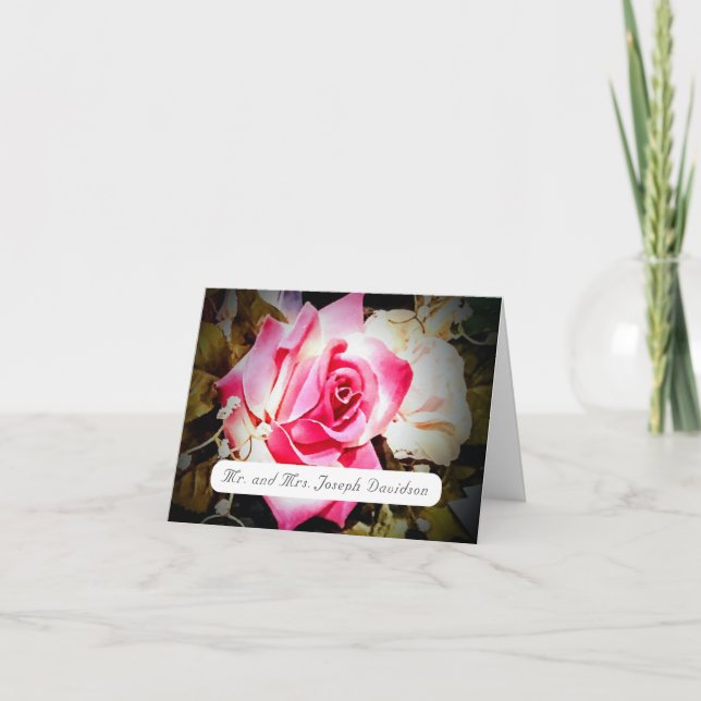 Kärlek är i blom rosa ros vikt tackkort (Framsida)