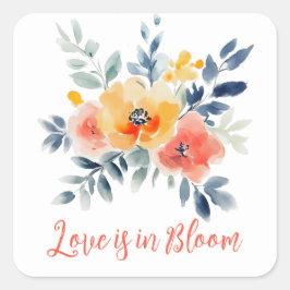 Kärlek är i blomster vattenfärg blommig bröllopsdu fyrkantigt klistermärke