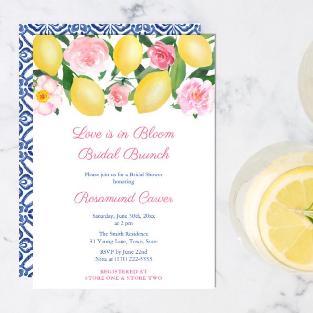 Kärlek är i Bloom Citrus Möhippa Brunch Party Inbjudningar (Love Is In Bloom Amore Lemons Pink Bridal Shower Brunch Party Invitation)
