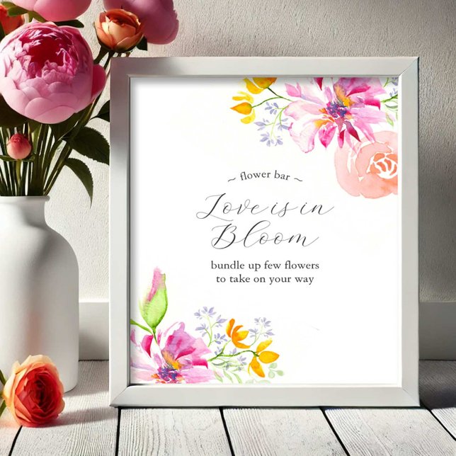 Kärlek är i Bloom Flower Pub Poster Vibrant Rosa (Flower bar sign watercolor pink and orange flowers art by Victoria Grigaliunas Do Tell A Belle)