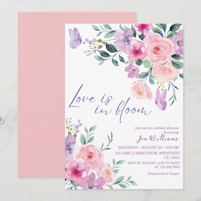 Kärlek är i möhippan blommigt med blommande vatten inbjudningar (Fram/baksida)