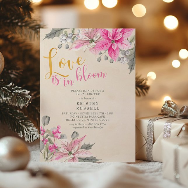 Kärlek är i Möhippan Bloom Poinsettia Winter Inbjudningar (Christmas Bridal Shower Invitation with Pink Poinsettias by Darling & May)