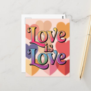 Kärlek är Kärlek Colorful Hearts Typography Vykort