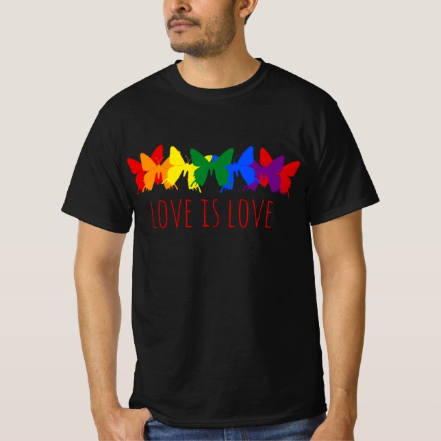 Kärlek Är Kärlek Fjäril Regnbåge Svart T Shirt (Framsida)