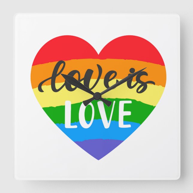Kärlek är Kärlek Rainbow Heart Fyrkantig Klocka (Framsida)
