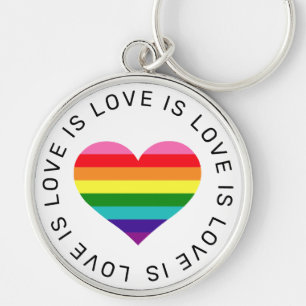 Kärlek är Kärlek Rainbow Heart Gay pride Rund Silverfärgad Nyckelring