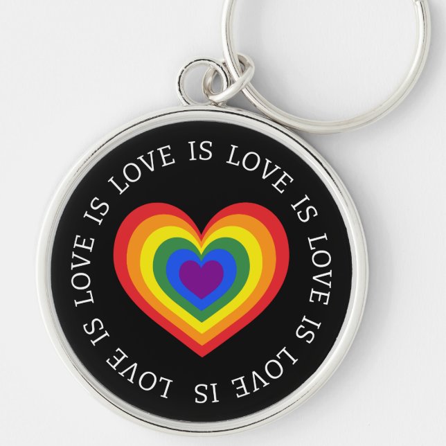 Kärlek är Kärlek Rainbow Heart LGBTQ Pride Black Rund Silverfärgad Nyckelring (Framsidan)