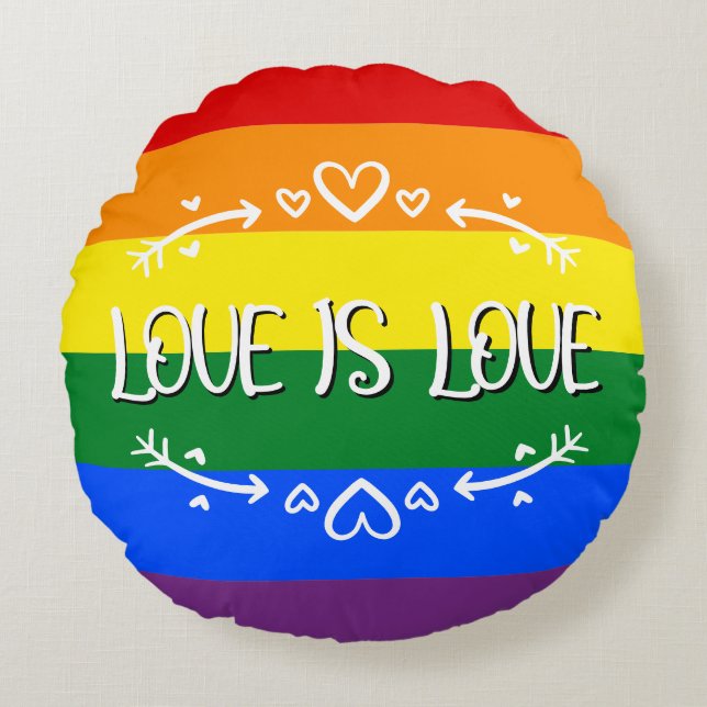 Kärlek är kärlek regnbåge HBTQ stolthet rund kudde (Framsidan)