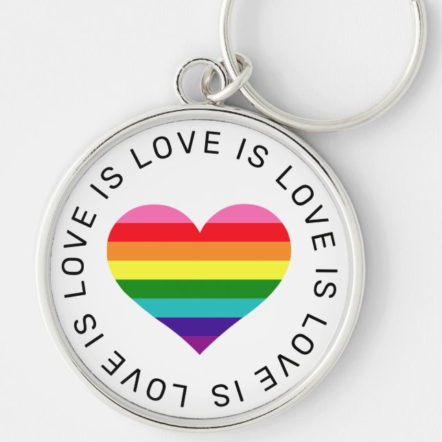 Kärlek är Kärlek Regnbåge Hjärta Gay Pride Rund Silverfärgad Nyckelring (Framsidan)