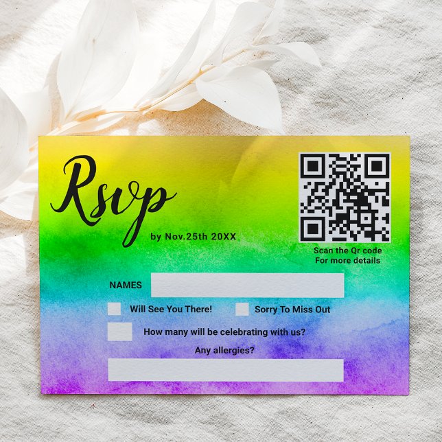 Kärlek är kärlek vattenfärgsregnbåge bröllop qr-ko OSA kort (Love is love watercolor rainbow wedding qr code RSVP card)