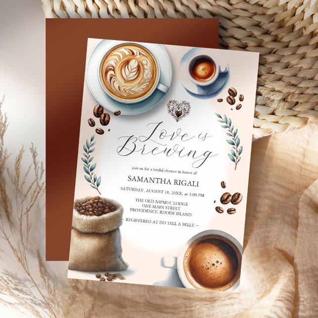 Kärlek är Möhippa-kaffe för brinnande Inbjudningar (Love is brewing bridal shower invitations feature illustrated coffee, latte, espresso and beans)