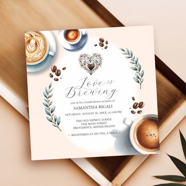 Kärlek är Möhippan för rovkaffe Inbjudningar (love is brewing coffee bridal shower invitations with a watercolor theme and brown heart.)