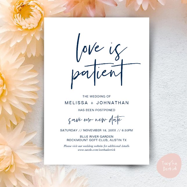 Kärlek är patient, Ändra nytt Bröllop-datum Inbjudningar (Minimalist, Love is patient, Romantic Wedding Change the new date card PDF in navy Blue)