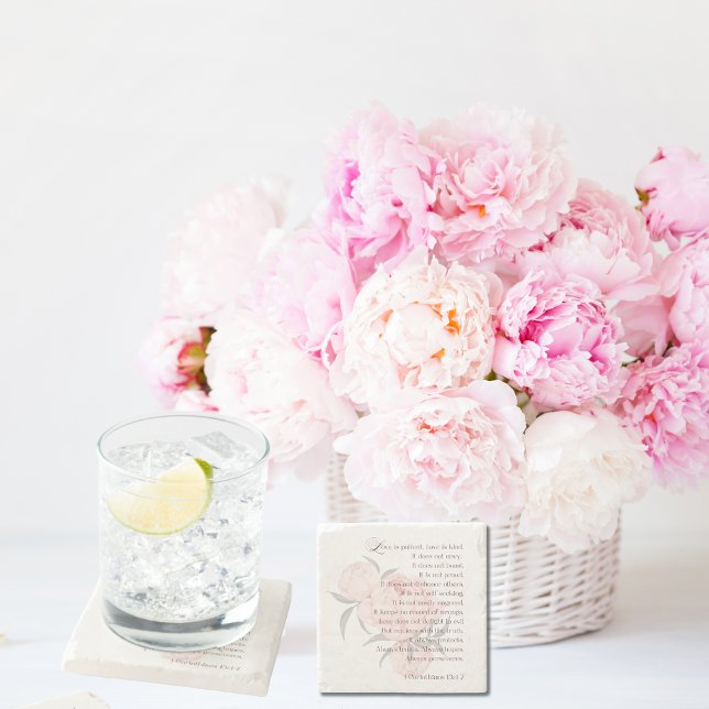 Kärlek är patient - Underlägg av skriptsandsten (Love is patient. Wedding peony party favor)