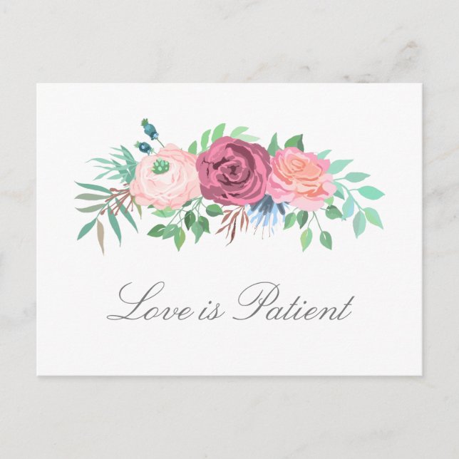 Kärlek är patientpastel Blommigt Bröllop uppskjutn Meddelande Vykort (Framsida)
