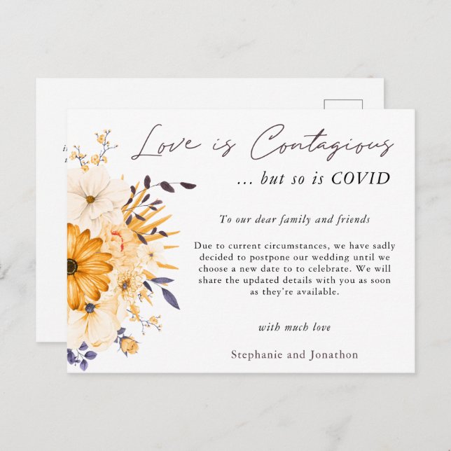 Kärlek är smittsamt Bröllop skjuts upp COVID19 Blo Meddelande Vykort (Fram/baksida)
