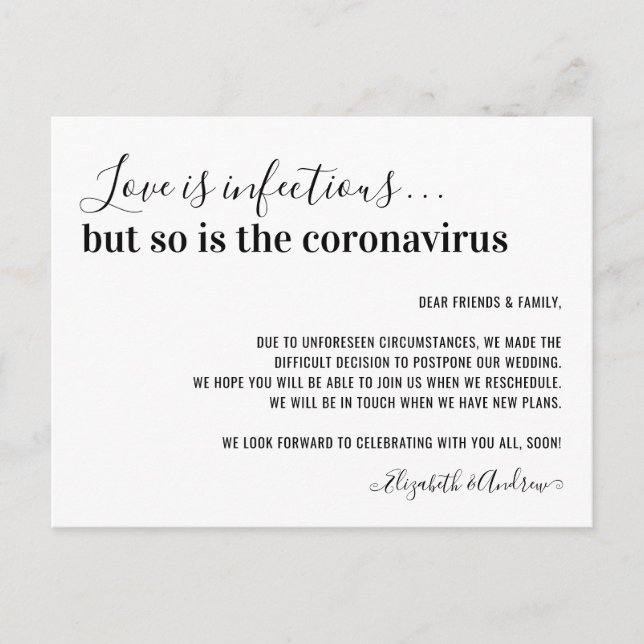 Kärlek är smittsamt Covid19 Bröllopsuppskjutande Meddelande Vykort (Framsida)