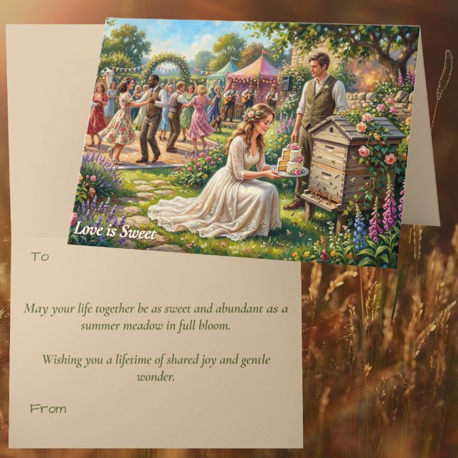 Kärlek är söt Bihyllning Brittisk Folklore Natur Kort (Love is Sweet british Folklore Telling the Bees Wedding Congratulations Card. Newlywed Good Fortune)