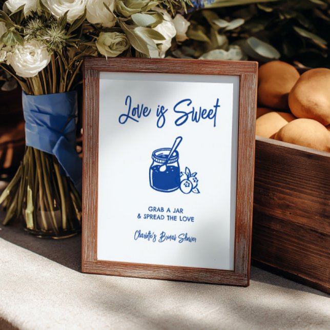 Kärlek är Söt Blå Bröllopsfest för Bruden Jam Bar  (Love Is Sweet Blue Bridal Shower Jam Bar Sign)