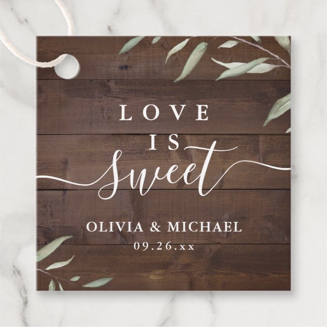 Kärlek är söt elegant, grönträ, rustik bröllop gåvor etiketter (Framsida)