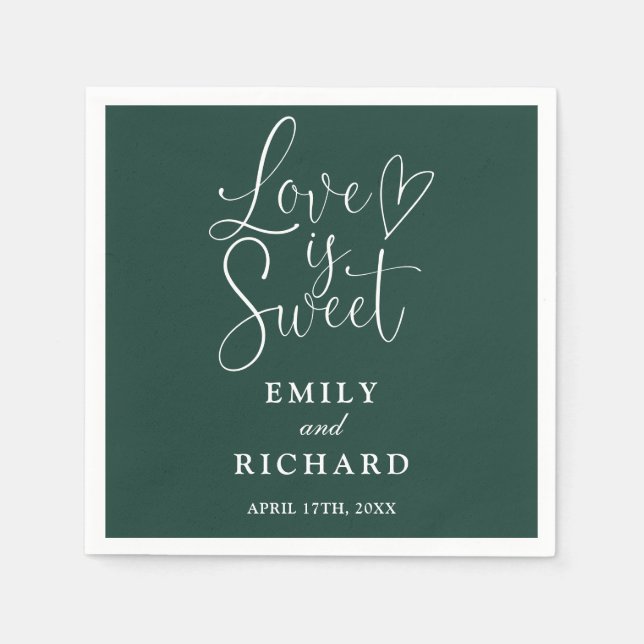 Kärlek är söt elegant modern smaragdgrön bröllop pappersservett (Framsidan)