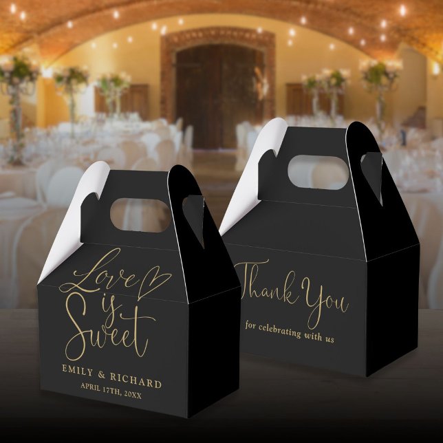 Kärlek är söt Elegant svart och Guld Bröllop Presentaskar (Love Is Sweet Elegant Black And Gold Wedding Favor Boxes)