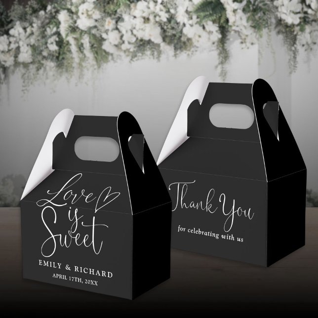 Kärlek är söt Elegant svart och vit Bröllop Presentaskar (Love Is Sweet Elegant Black And White Wedding Favor Boxes)