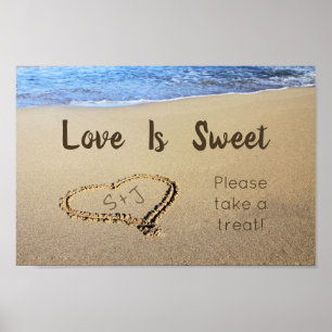 Kärlek är Söt Strandbröllop Initialer i Sand Hjärt Poster