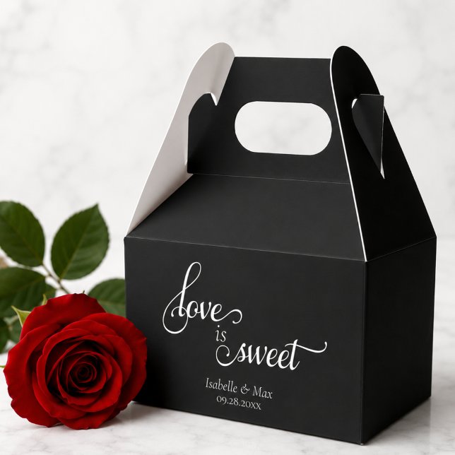 Kärlek är Sött Bröllop Presentaskar (elegant script calligraphy black and white love is sweet wedding favor box)